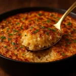 Bowl of French Onion Butter Rice garnished with herbs and cheese