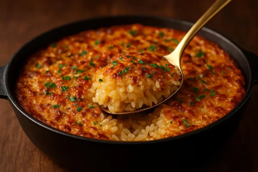 Bowl of French Onion Butter Rice garnished with herbs and cheese