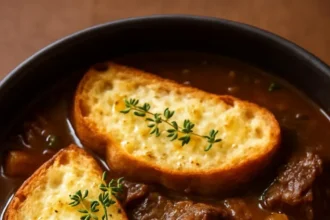 Delicious French onion short rib soup topped with cheesy Gruyère toast.