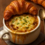 Delicious French onion soup topped with mushrooms, herbs, and a cheesy croissant.