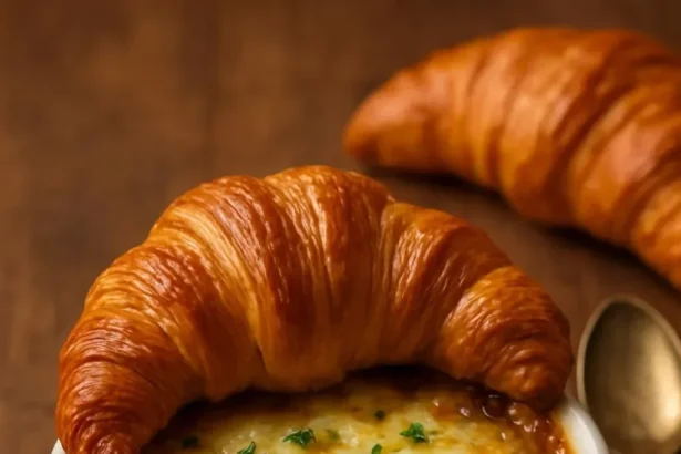 Delicious French onion soup topped with mushrooms, herbs, and a cheesy croissant.