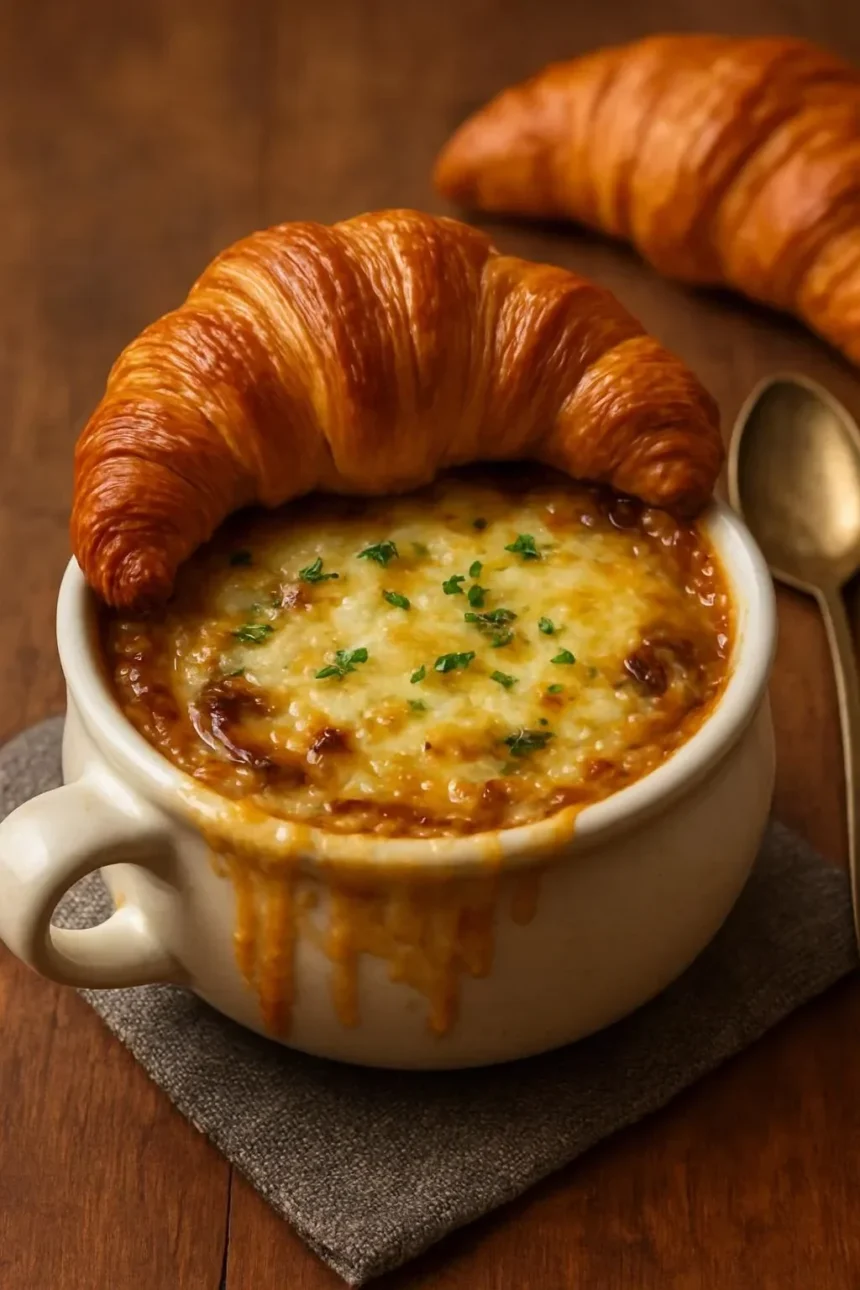 Delicious French onion soup topped with mushrooms, herbs, and a cheesy croissant.