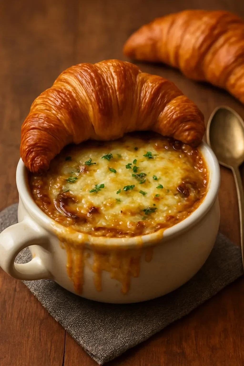 Delicious French onion soup topped with mushrooms, herbs, and a cheesy croissant.