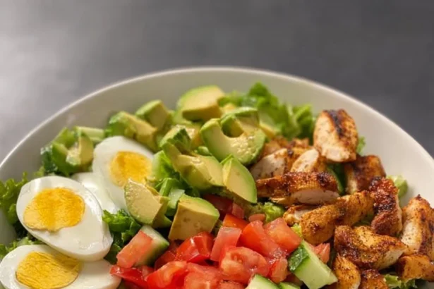Hearty grilled chicken salad bowl topped with avocado and eggs
