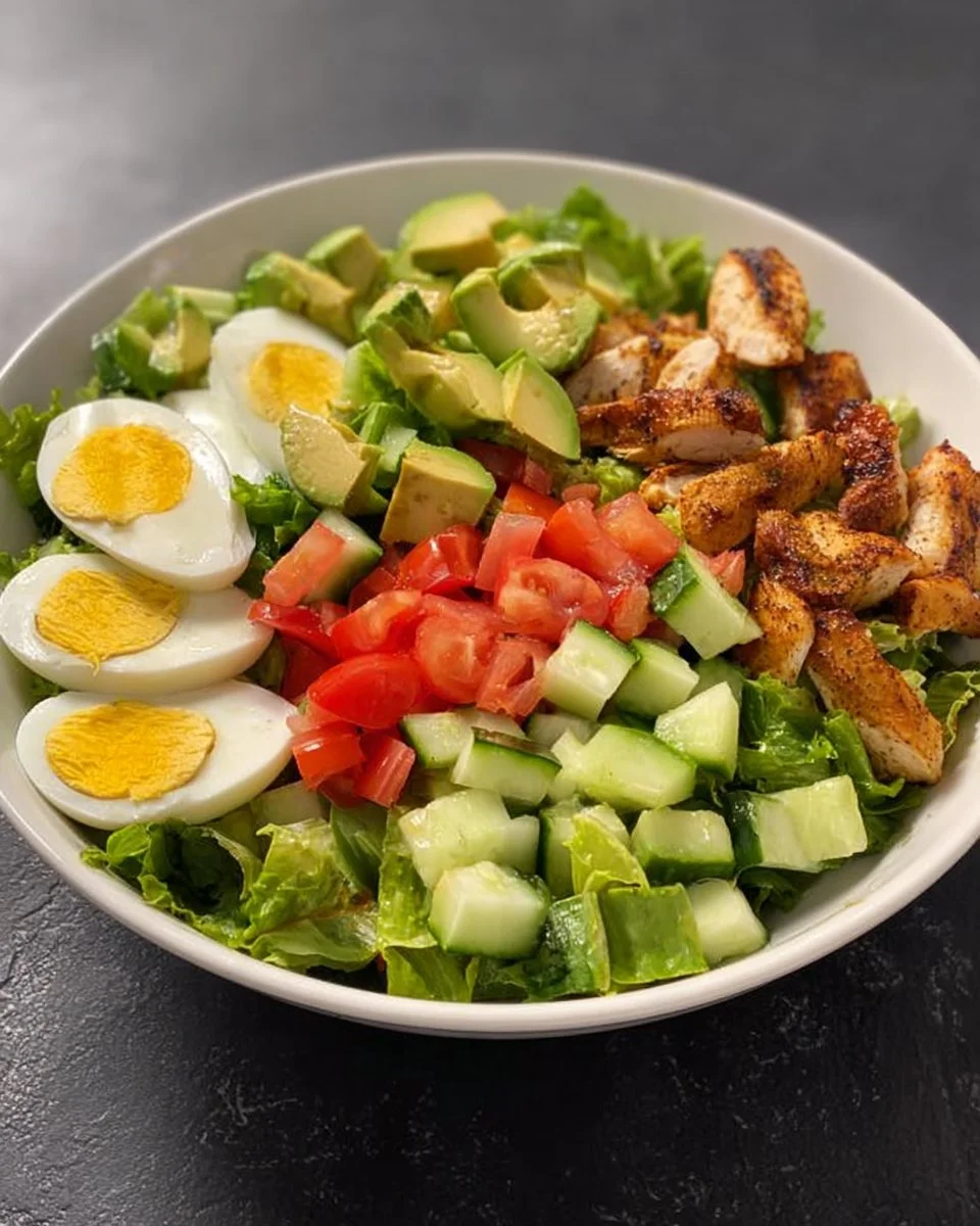 Hearty grilled chicken salad bowl topped with avocado and eggs