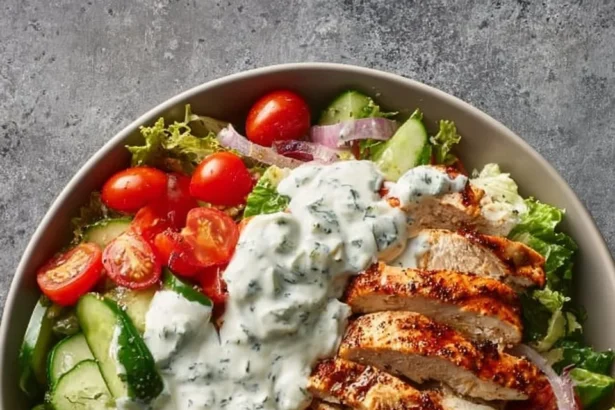 Fresh Greek-Style Salad with Juicy Paprika Chicken served on a plate