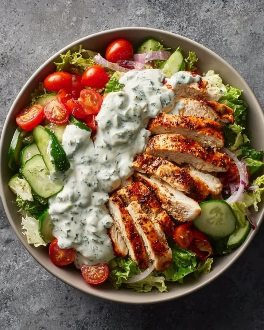 Fresh Greek-Style Salad with Juicy Paprika Chicken served on a plate