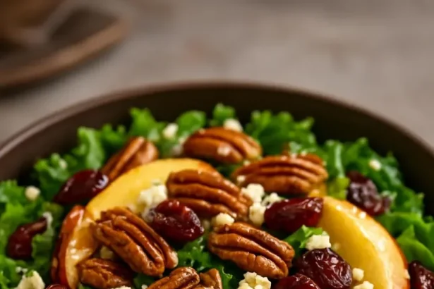 Fresh pear salad topped with crunchy candied pecans and tangy balsamic dressing