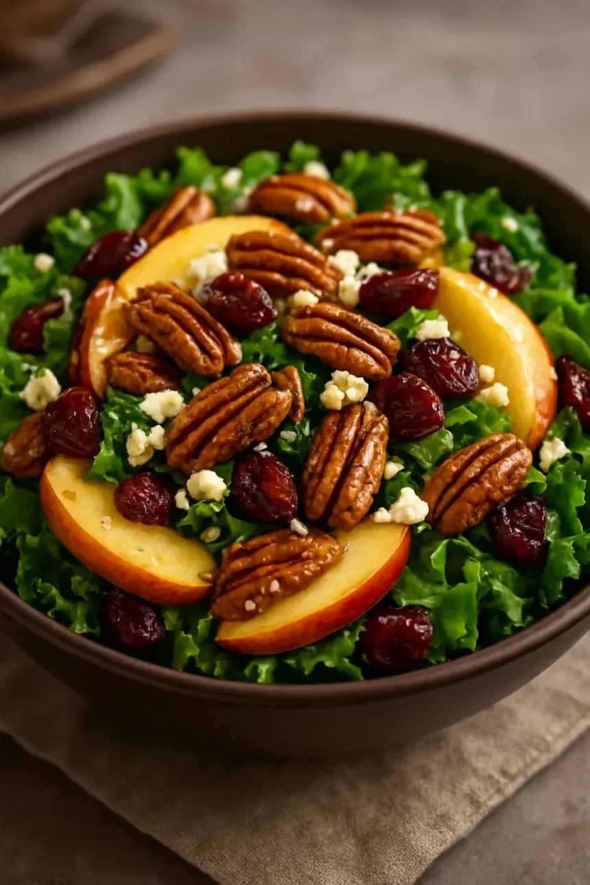 Fresh pear salad topped with crunchy candied pecans and tangy balsamic dressing