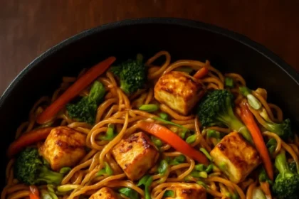 Delicious Garlic Chicken Lo Mein with colorful sautéed vegetables