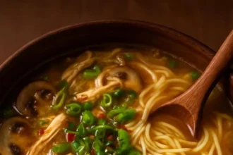 Delicious Garlic Ginger Chicken and Mushroom Noodle Soup in a bowl