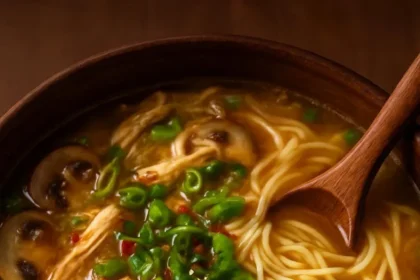 Delicious Garlic Ginger Chicken and Mushroom Noodle Soup in a bowl