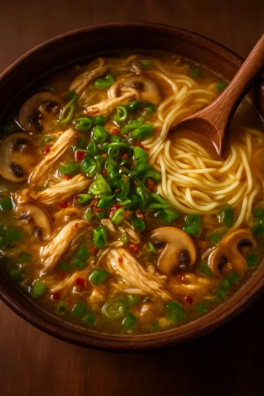 Delicious Garlic Ginger Chicken and Mushroom Noodle Soup in a bowl