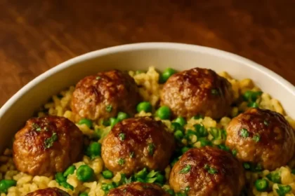 Garlic meatball and herb rice skillet dish garnished with fresh herbs