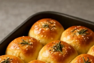 Freshly baked Garlic Rosemary Focaccia Muffins with herbs