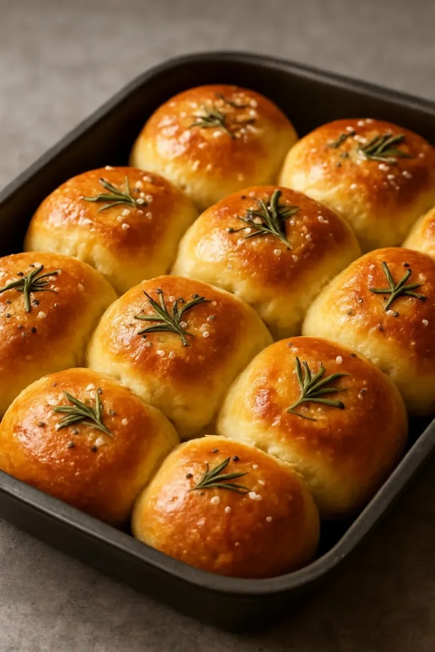 Freshly baked Garlic Rosemary Focaccia Muffins with herbs