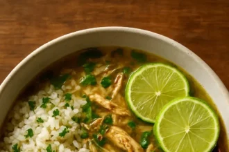 Ginger Lime Chicken Soup with Mushrooms and Cilantro Rice in a bowl.