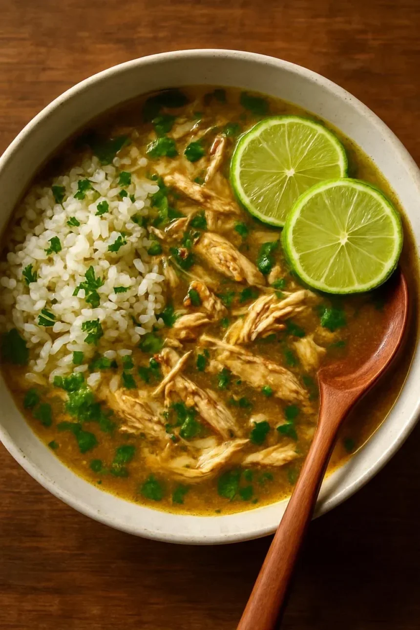 Ginger Lime Chicken Soup with Mushrooms and Cilantro Rice in a bowl.