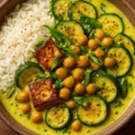 Golden Chickpea and Zucchini Coconut Curry with Halloumi and Spinach dish
