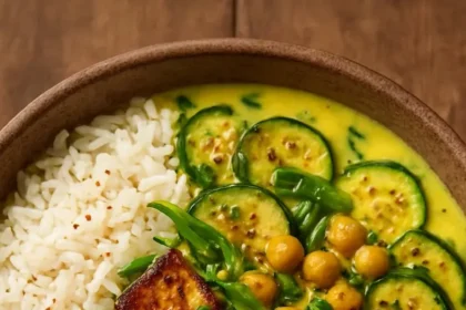 Golden Chickpea and Zucchini Coconut Curry with Halloumi and Spinach dish