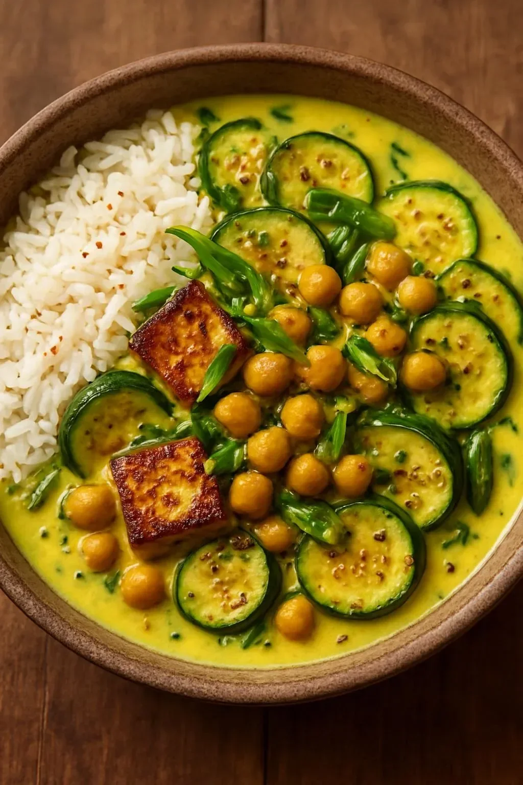Golden Chickpea and Zucchini Coconut Curry with Halloumi and Spinach dish