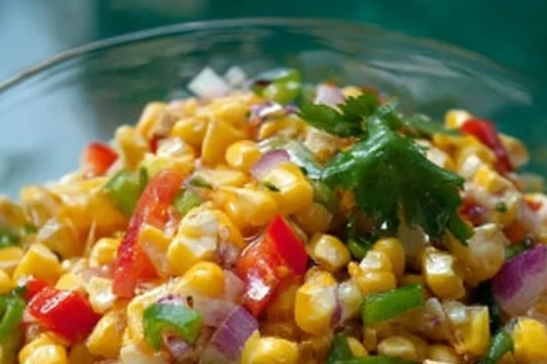 A colorful bowl of grilled corn salad with fresh vegetables and herbs