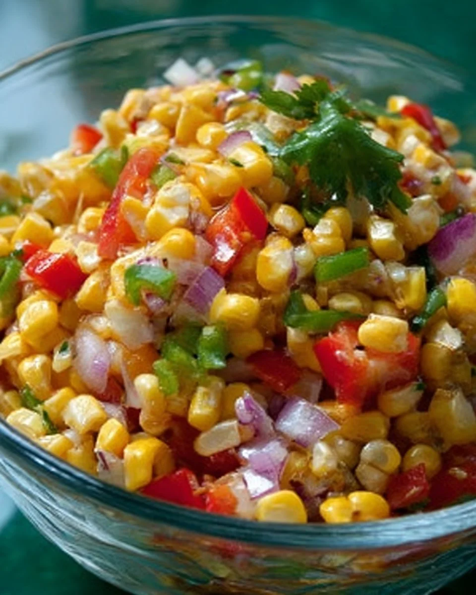 A colorful bowl of grilled corn salad with fresh vegetables and herbs