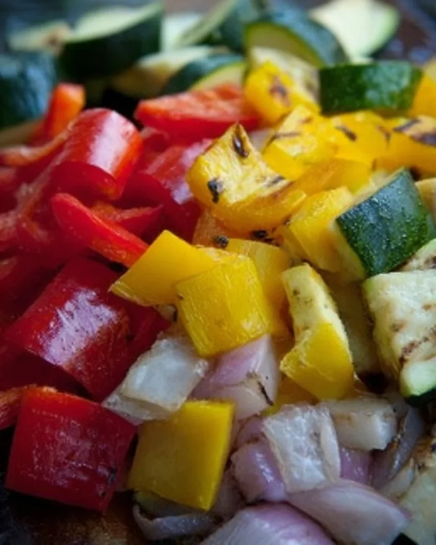 Colorful grilled vegetable salad with assorted fresh veggies served in a bowl.