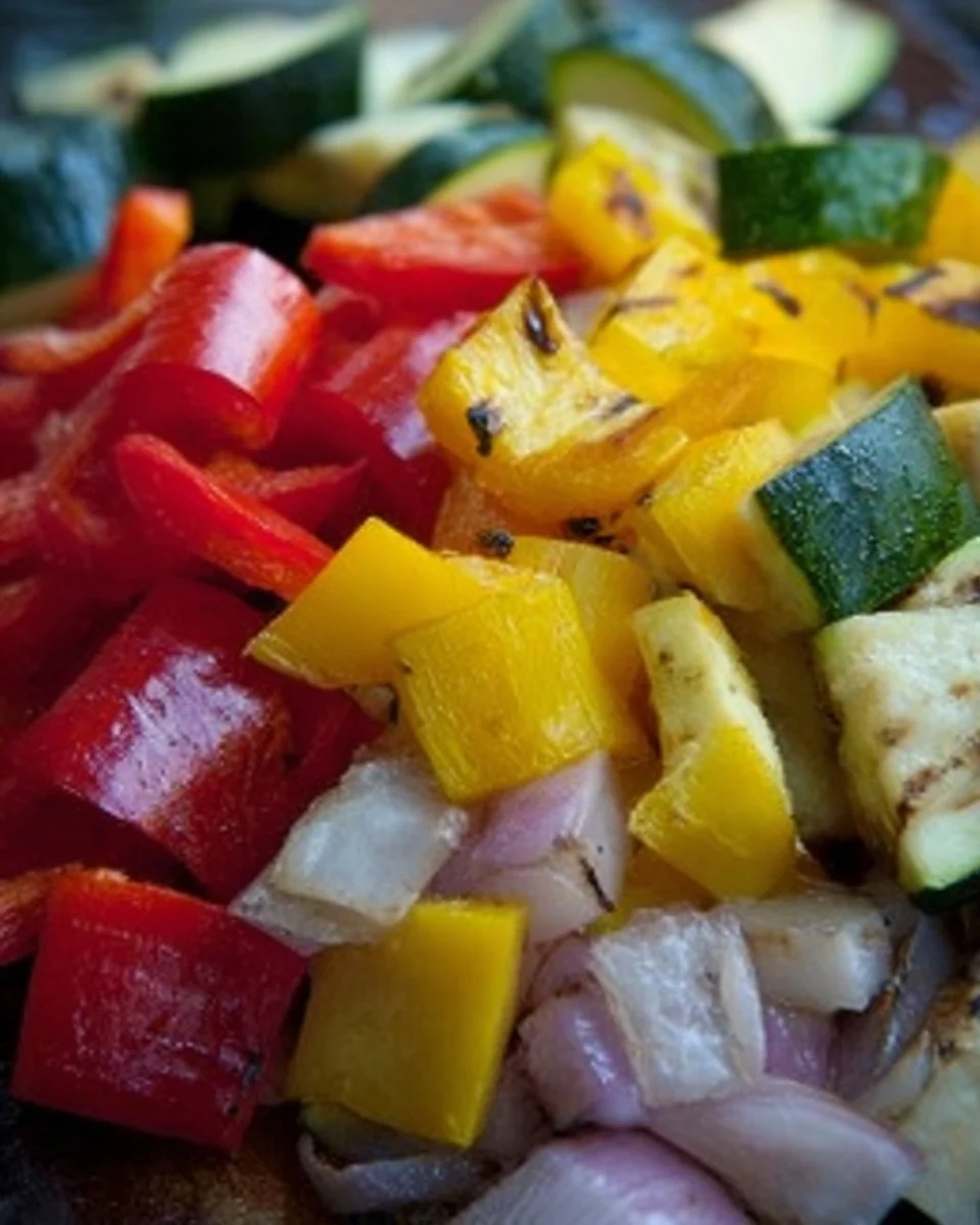 Colorful grilled vegetable salad with assorted fresh veggies served in a bowl.