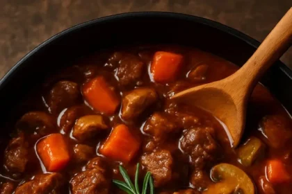 Hearty beef and mushroom stew in a bowl, garnished with fresh herbs