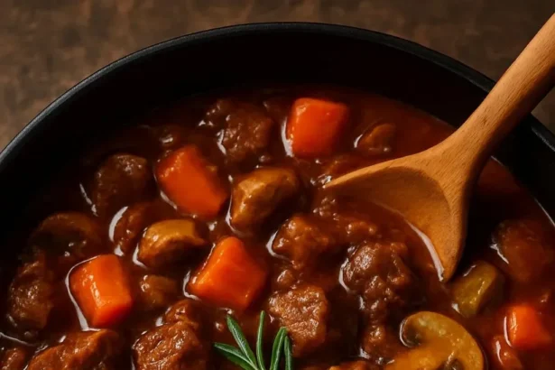 Hearty beef and mushroom stew in a bowl, garnished with fresh herbs