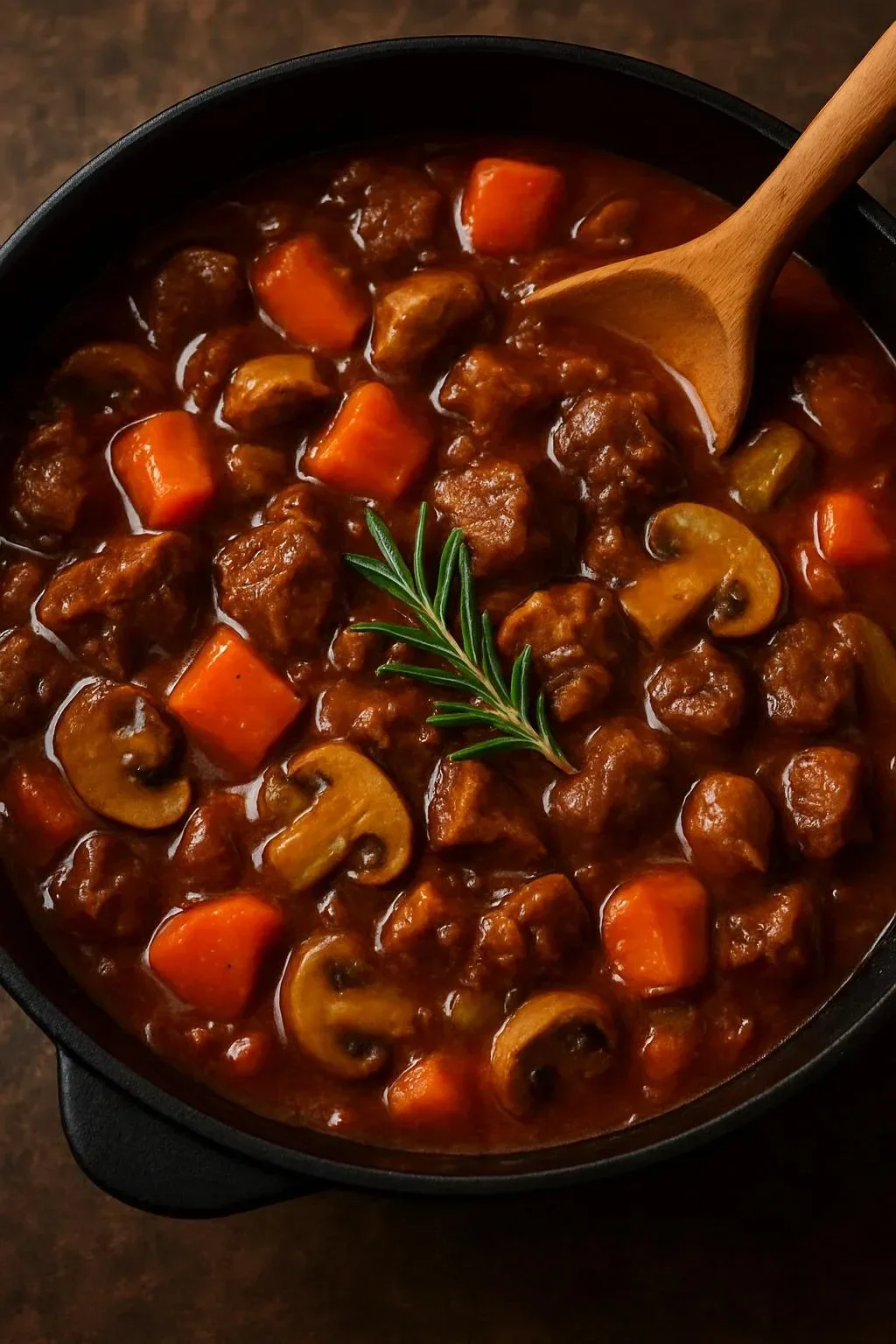 Hearty beef and mushroom stew in a bowl, garnished with fresh herbs