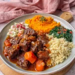 Hearty beef stew served with creamy barley and colorful vegetable sides