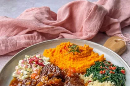 Hearty beef stew served with creamy barley and colorful vegetable sides