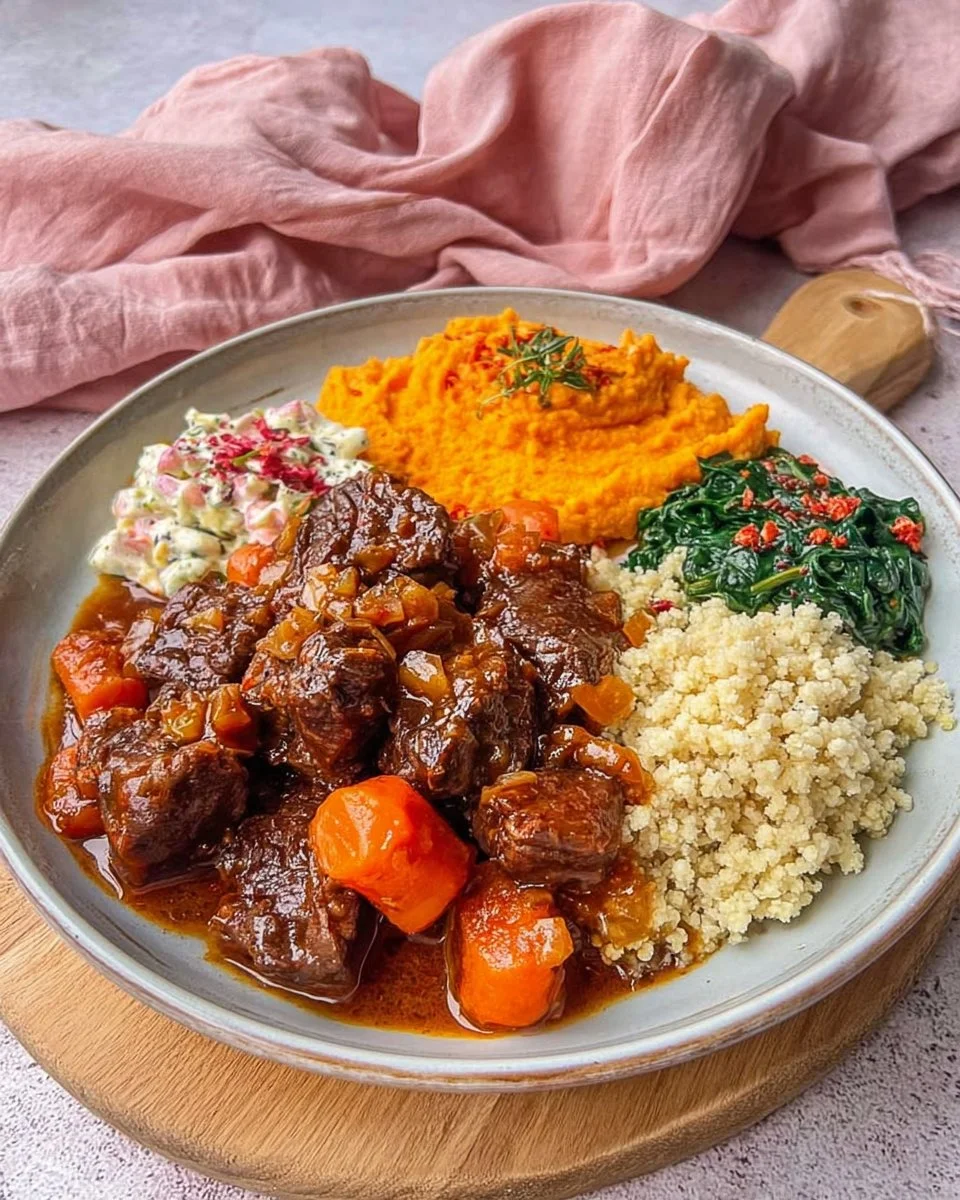 Hearty beef stew served with creamy barley and colorful vegetable sides