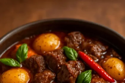 Hearty coconut beef stew with potatoes and mushrooms in a bowl