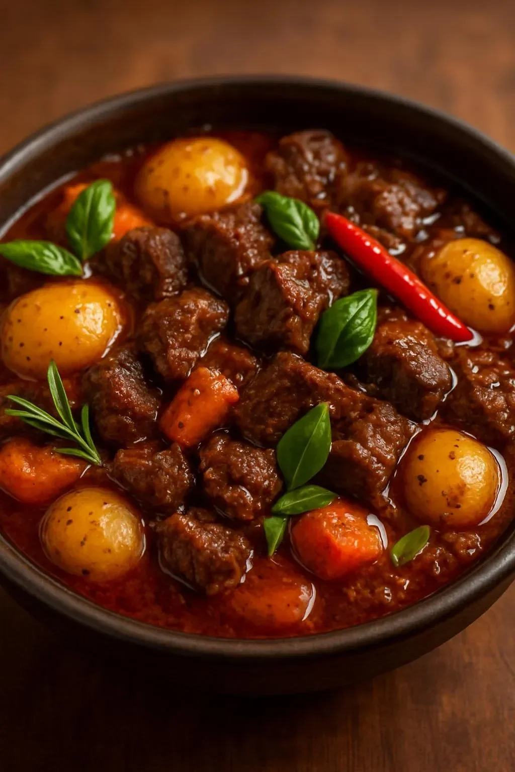 Hearty coconut beef stew with potatoes and mushrooms in a bowl