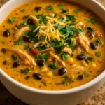 Bowl of creamy chicken poblano soup with black beans and fresh toppings
