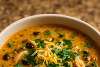 Bowl of creamy chicken poblano soup with black beans and fresh toppings