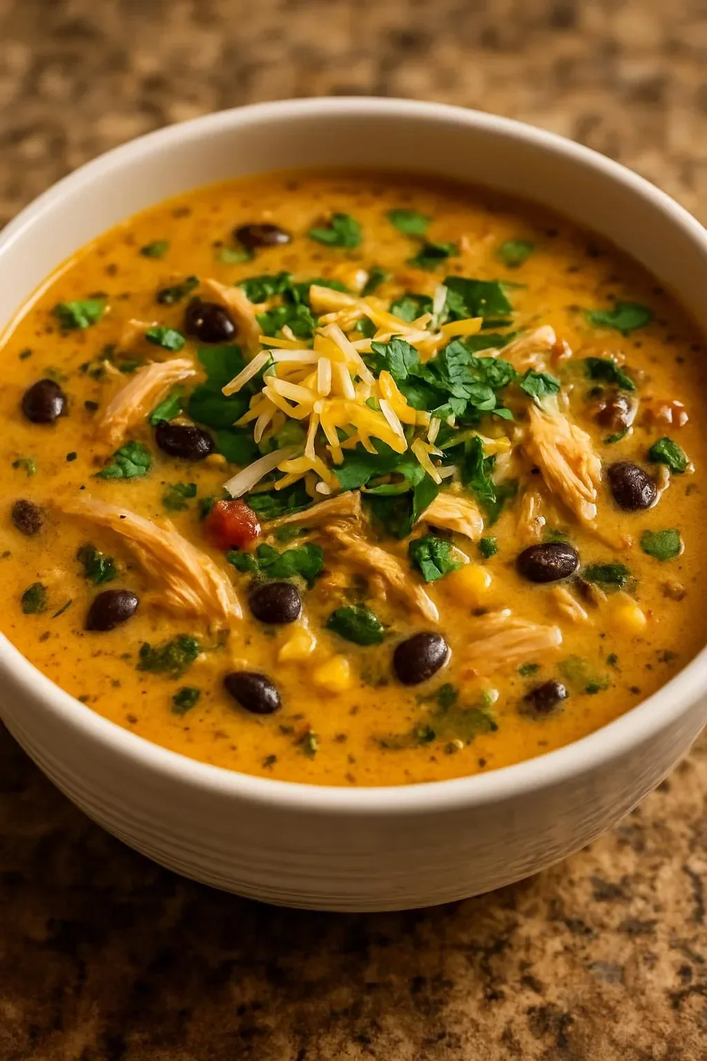 Bowl of creamy chicken poblano soup with black beans and fresh toppings