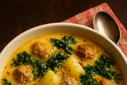 Bowl of hearty Crockpot Tuscan Soup with vegetables and herbs