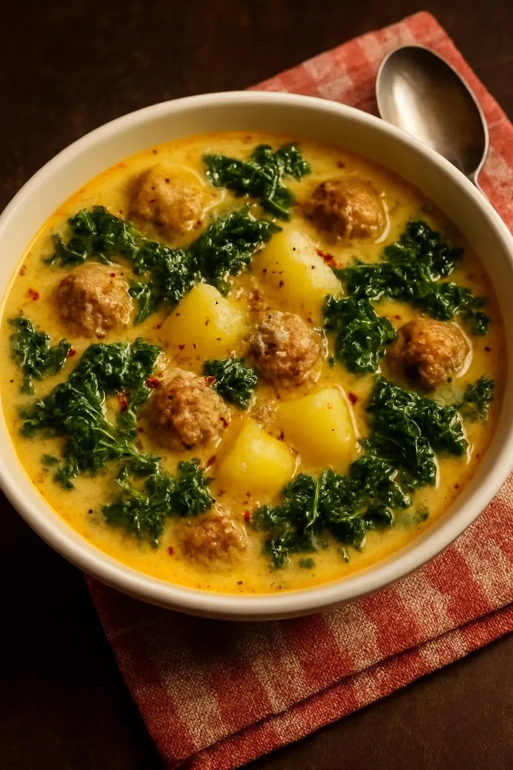Bowl of hearty Crockpot Tuscan Soup with vegetables and herbs