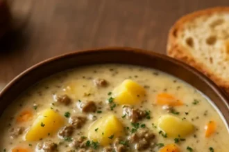Bowl of hearty potato hamburger soup with fresh herbs and vegetables