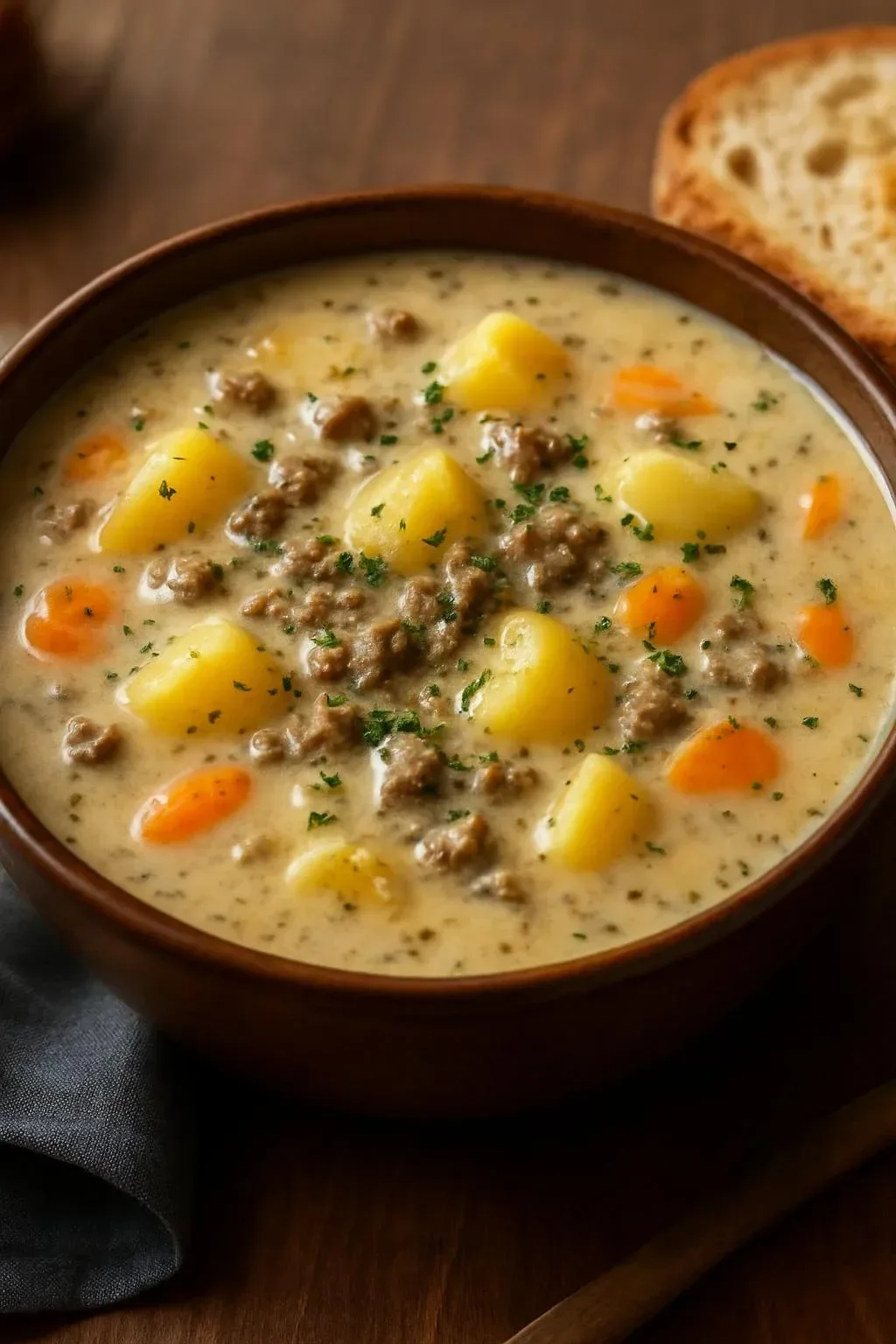 Bowl of hearty potato hamburger soup with fresh herbs and vegetables