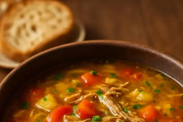 Bowl of hearty sauerkraut and rib soup garnished with herbs.