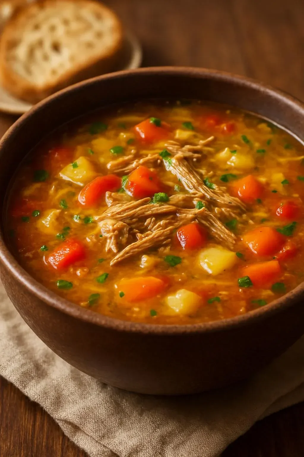 Bowl of hearty sauerkraut and rib soup garnished with herbs.
