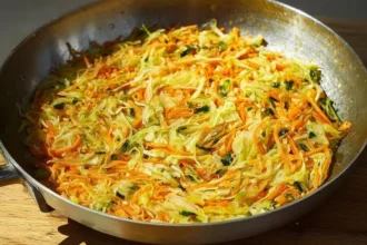 Delicious and hearty vegetable pancake garnished with fresh herbs.