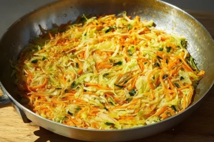 Delicious and hearty vegetable pancake garnished with fresh herbs.