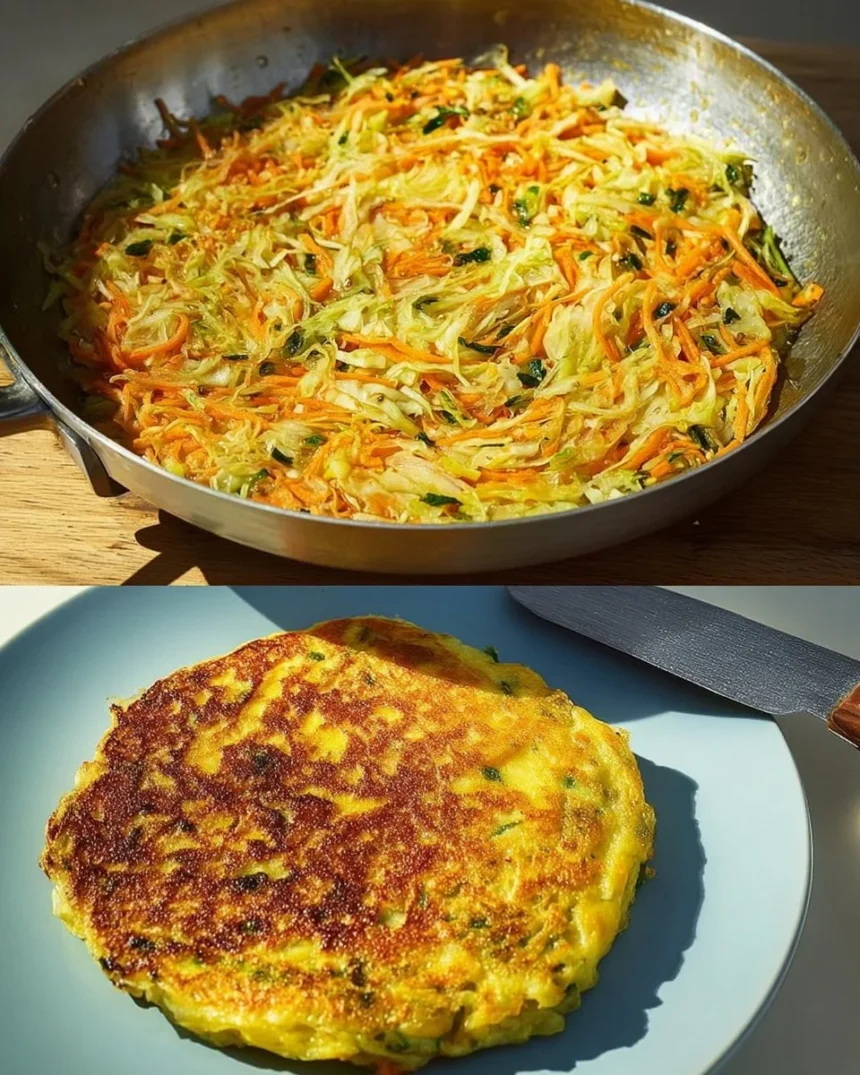 Delicious and hearty vegetable pancake garnished with fresh herbs.