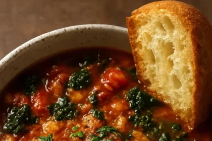 Bowl of hearty white bean soup with chicken, tomatoes, and kale